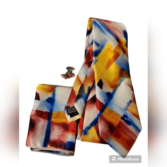 NWT Barry Wang 3pcs Tie set, 100 % silk necktie,cufflinks ,pocket square - Picture 10 of 16